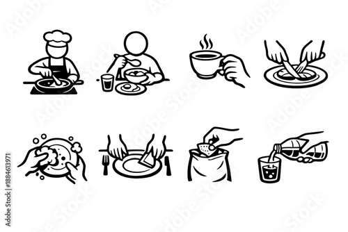 Food and Dining Icon Set. Containing chef, meal, drink, plate, utensils, table, snack, dining, beverage and more.