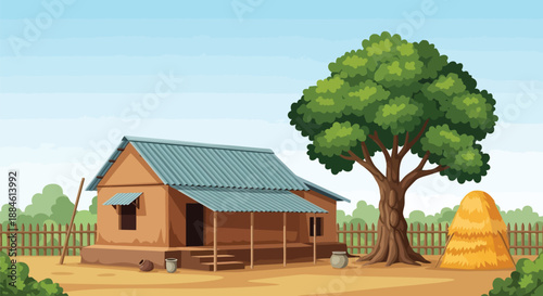 Cartoon Background A simple clay house with a tin roof stands next to a large tree and a haystack in a rustic rural setting.