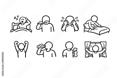 Daily routine icons set. Including sleep, wake, hygiene, breakfast, exercise, communication, relaxation, and more.