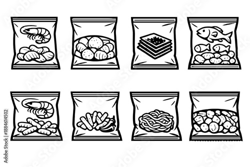 Food packaging icon set. Containing shrimp, fish, noodles, snacks, seafood, desserts, chips, frozen and more.