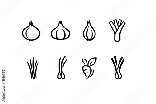 Food and Vegetable Icon Set: Onion, Garlic, Leek, Chives, Carrot, Greens, Scallion, Fennel, Radish