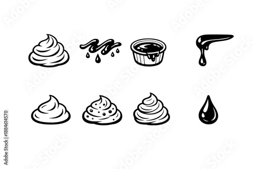 Sweets and desserts icon set. Containing cream, frosting, syrup, sauce, dessert, cupcake, drizzle, and more.