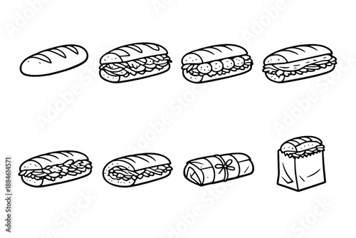 Food and sandwich icon set. Containing bread, sub, wrap, hoagie, baguette, filling, lettuce, deli and more.