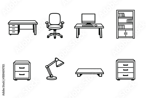 Furniture icon set. Featuring desk, chair, computer, bookshelf, lamp, cabinet, table, and more.