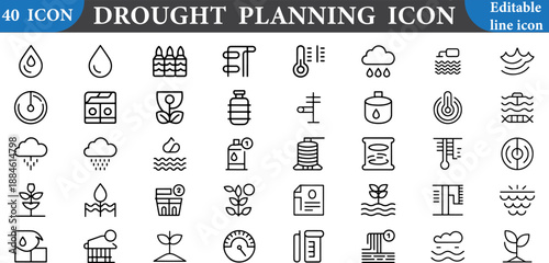 Collection of drought planning icons in editable line style for design 