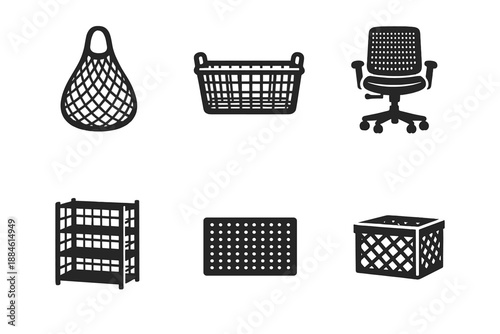 Furniture and storage icon set. Containing chair, basket, container, crate, shelf, seat, and more.