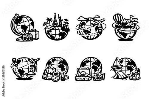 Travel and Adventure Icon Set. Featuring globe, camera, mountain, airplane, backpack, tent, and more.