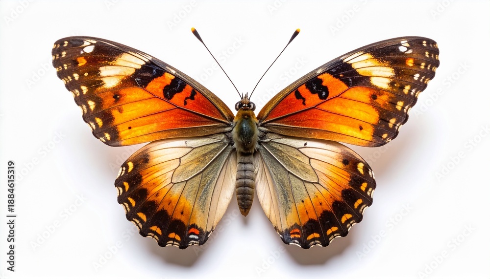 Obraz premium Stunning macro shot of a vibrant orange, black, and yellow butterfly with its wings fully spread, showcasing intricate patterns and textures. Beautiful insect is isolated on a clean white background
