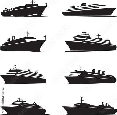 Various cruise ship silhouettes on white background