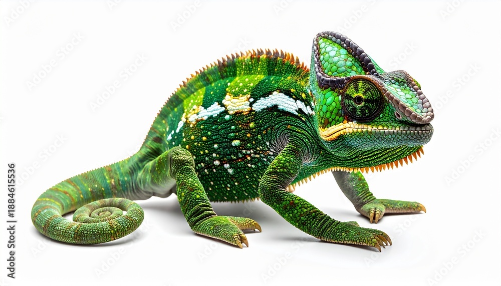 Obraz premium Detailed studio shot of a vibrant green panther chameleon with colorful scales and a curled tail, posing sideways and isolated against a clean, solid white background. Realistic reptile portrait.
