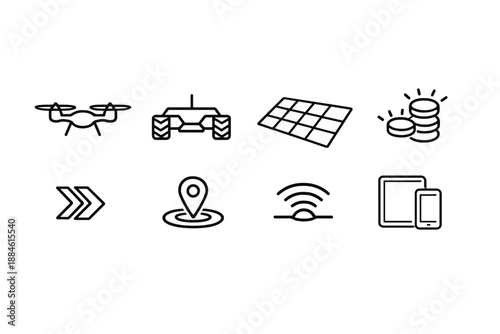 Technology and innovation icon set. Featuring drone, tractor, solar panel, cryptocurrency, arrows, location, wireless, devices.