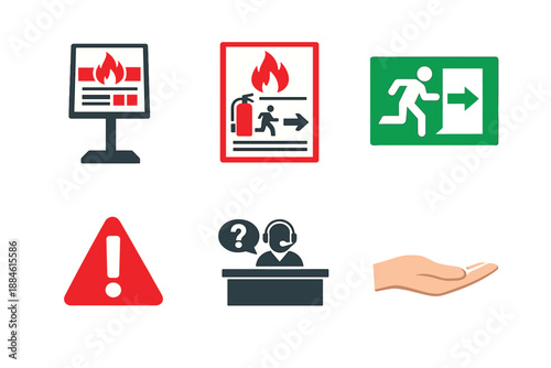 Emergency and safety icon set. Containing alarm, fire, exit, evacuation, alert, help, first aid, warning, and more.