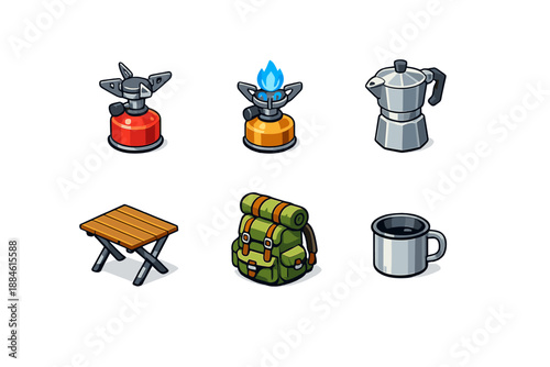 Camping and outdoor equipment icon set. Containing stove, kettle, table, backpack, mug, and more.