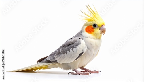 A beautiful male Cockatiel, Nymphicus hollandicus, also known as the weiro bird or quarrion, standing in profile with its yellow crest raised. Studio shot isolated on a clean white background.