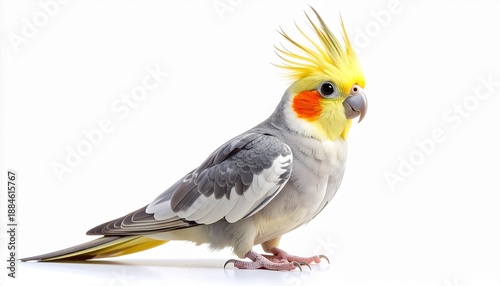 Wallpaper Mural A beautiful cockatiel parrot (Nymphicus hollandicus) with a yellow crest and orange cheeks, standing in a side profile view. This charming pet bird is isolated on a clean white background. Torontodigital.ca