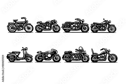 Vehicle and transportation icon set. Including motorcycle, scooter, bicycle, moped, chopper, cruiser, roadster, and more.