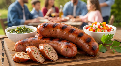 Grilled Brazilian pork sausage (linguiça toscana), golden and juicy, served on a wooden cutting board at a family barbecue.