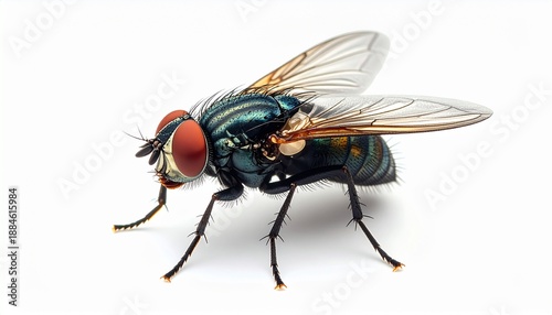 Macro photo of a common housefly, Musca domestica, showcasing its detailed anatomy with vibrant red compound eyes, metallic blue-green body, and delicate transparent wings on a white background.