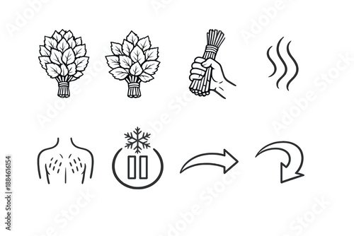 Herbs and spices icon set. Containing leaves, hand, bundle, aroma, kitchen, flavor, organic, fresh, culinary, seasoning, natural, recipe, cooking, scent, garnish, wellness, health,
