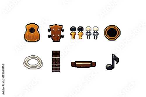 Music and Instruments Icon Set. Containing guitar, harmonica, notes, strings, sound, acoustic, melody, rhythm, chords and more.