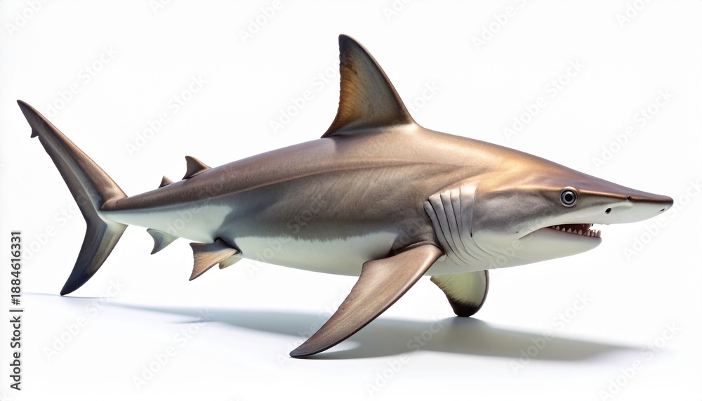 Obraz premium A detailed and realistic depiction of a sleek grey shark with sharp teeth, swimming gracefully. Full body side view of the powerful marine predator, isolated on a clean white background with shadow.