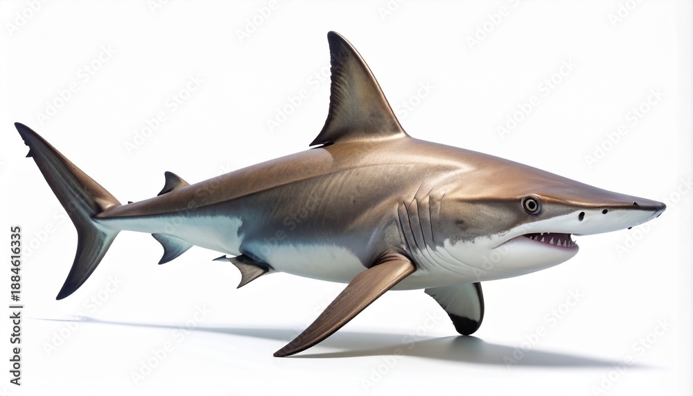 Fototapeta premium A realistic depiction of a majestic shark swimming, showcasing its powerful fins, sharp teeth, and streamlined body. This marine predator is isolated on a clean white background with a shadow.