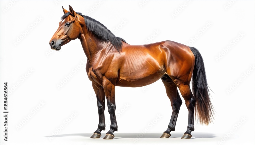 Obraz premium A majestic and powerful bay horse with a glossy coat and black mane stands proudly, showcasing its muscular physique and elegant form, isolated on a clean white background for studio portrait style.