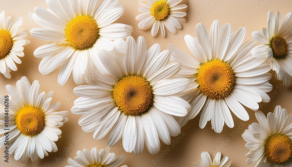 Obraz premium Overhead Shot Of White Daisies With Yellow Centers Scattered On A Light Beige Surface