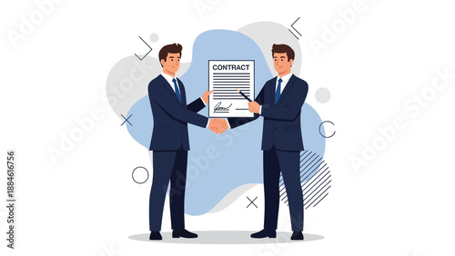 Businessmen signing contract agreement, partnership handshake, deal success, teamwork concept.
