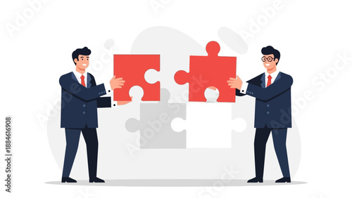 Businessmen connecting puzzle pieces, teamwork, strategy, problem-solving concept