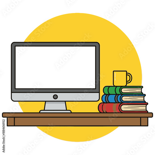 Office workspace illustration with computer books and coffee cup isolated on white background modern desk setup study work productivity education and home office concept