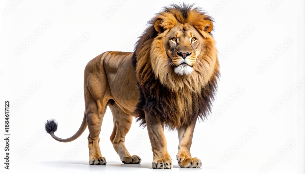 Obraz premium Majestic male lion with a full, dark mane standing proudly and looking forward with a powerful gaze. Full body shot of the king of the jungle isolated on a clean white background studio shot.