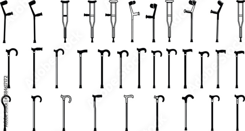 Large Collection of Medical Crutches and Walking Cane Icons Featuring Various Designs for Physical Therapy Mobility Support and Disability Assistance Isolated on White Background
