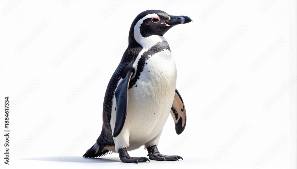 Fototapeta premium Full body portrait of a Magellanic penguin (Spheniscus magellanicus) standing in profile. This flightless seabird from South America is isolated on a clean, solid white background.