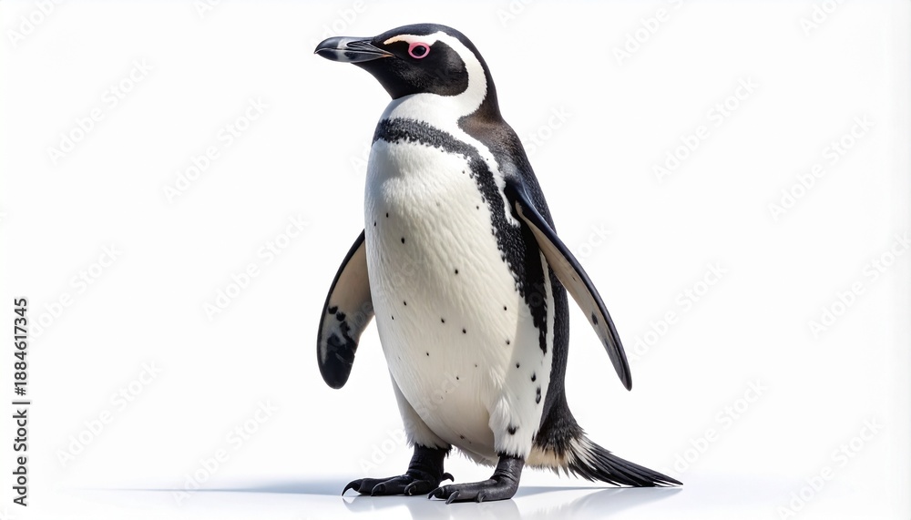 Fototapeta premium Full-length studio portrait of an African penguin standing gracefully in profile. This charming flightless bird is beautifully detailed, isolated on a clean, crisp white background.