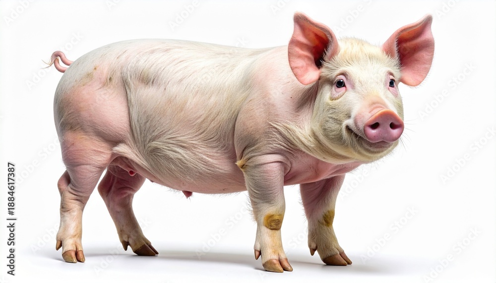 Fototapeta premium Full body shot of a healthy domestic pig standing and looking at the camera with a friendly expression. This farm animal has pink skin and a curly tail, isolated on a clean white background.