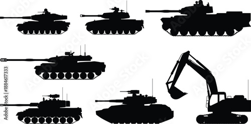 Military tank silhouettes and excavator set, heavy armored combat vehicles and construction machinery icons for defense, engineering, and warfare design