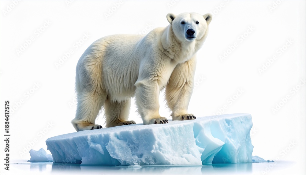 Obraz premium A majestic polar bear stands proudly on a floating block of glacial ice. This powerful arctic predator is isolated against a clean, crisp white background. A concept for climate change and wildlife.