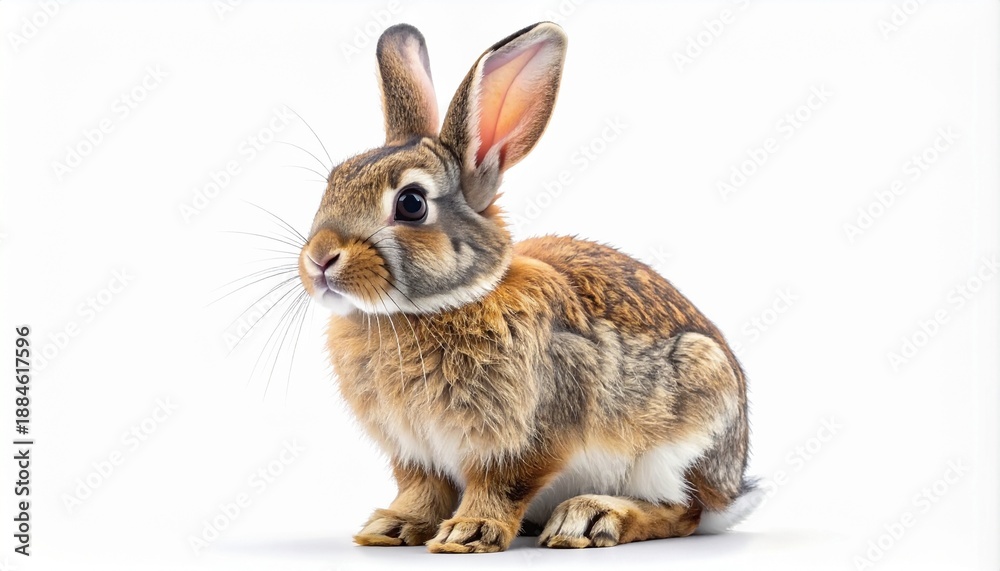 Obraz premium Adorable brown and white fluffy bunny sitting in profile. Cute domestic pet rabbit with long ears and whiskers isolated on a clean white background. Studio shot of a small wild mammal.