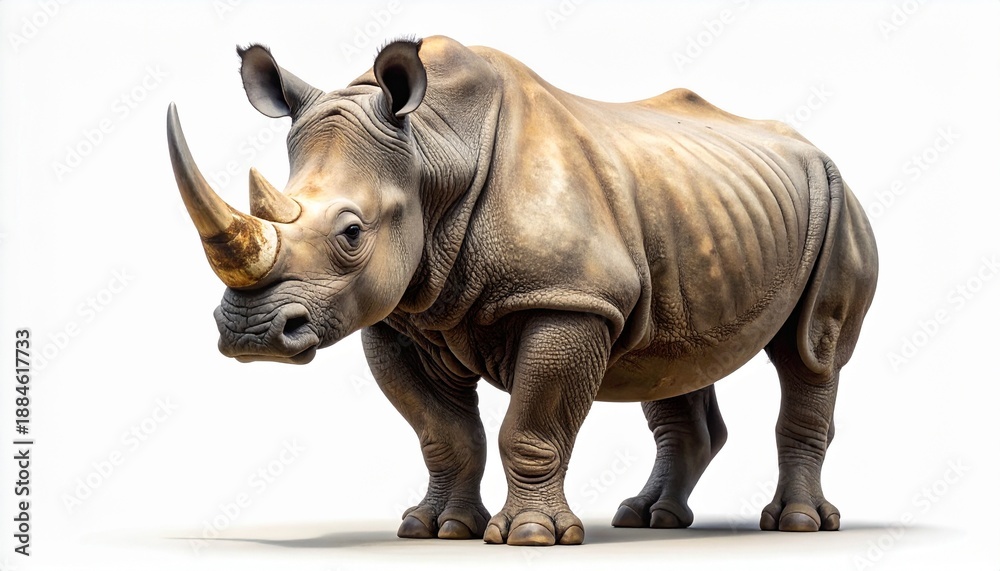 Fototapeta premium A majestic full-body portrait of a large rhinoceros standing proudly, showcasing its powerful build, thick gray skin, and prominent horn, isolated on a white background. Realistic wildlife concept