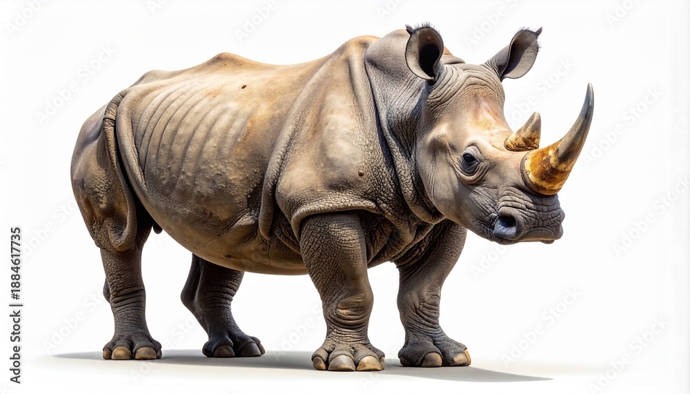 Obraz premium Full body portrait of a large majestic rhinoceros standing. Detailed realistic wildlife animal with textured skin and horn isolated on a clean white background. Concept of conservation and nature.