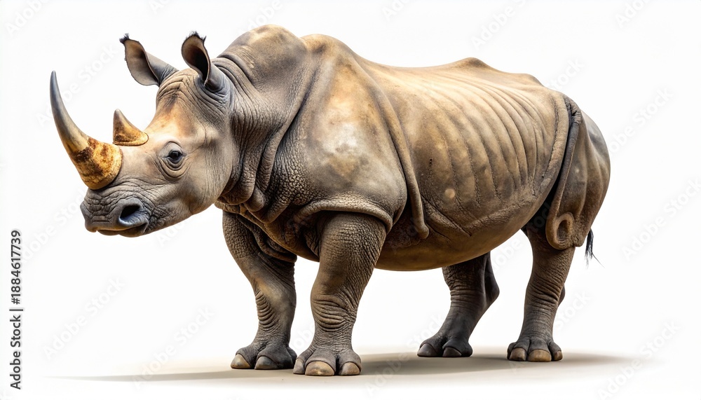Fototapeta premium Full body shot of a majestic rhinoceros standing in profile. This realistic depiction of the large, horned mammal showcases its thick, textured skin, isolated on a clean white background.