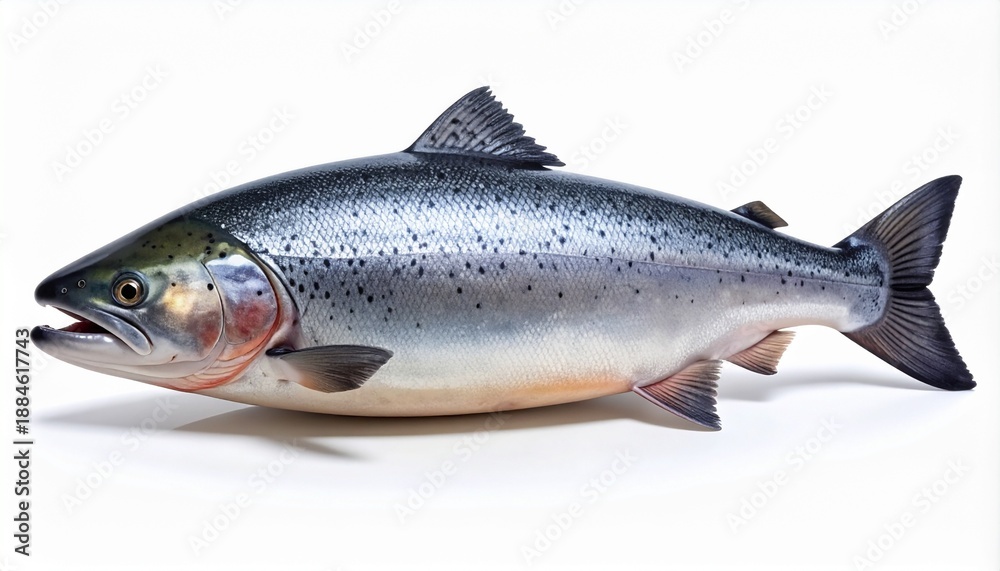 Obraz premium Whole fresh raw salmon fish with shiny scales and fins, a healthy seafood ingredient rich in omega-3, isolated on a clean white background. Perfect for restaurant menus or fish market ads.