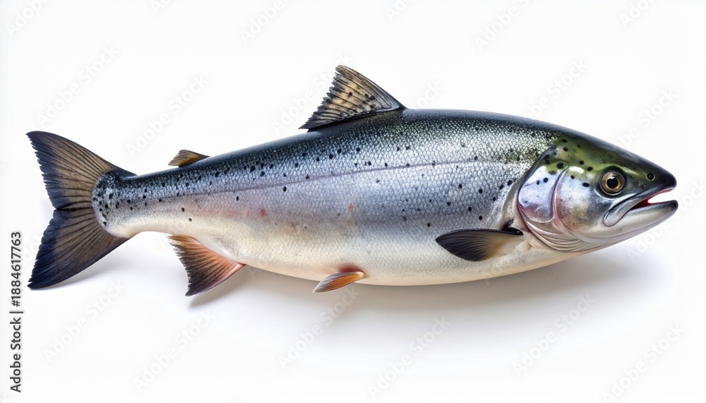 Obraz premium Fresh whole salmon fish isolated on a pure white background. Close-up of a raw Atlantic salmon, rich in omega-3 and protein. Concept for healthy eating, pescetarian diet, and gourmet seafood.