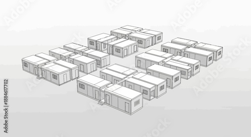 A 3D rendering of a modular housing complex with multiple interconnected units arranged in a grid pattern.