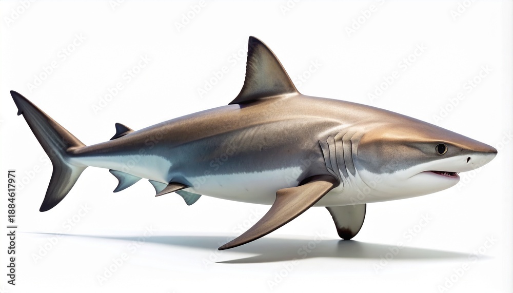 Obraz premium Realistic 3D illustration of a large shark, side view. An aquatic predator of the ocean, a marine animal with sharp teeth and fins, isolated on a clean white background with a soft shadow.