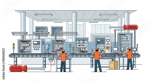 Automated assembly line in a modern factory with workers overseeing robotic machinery and conveyor belts.