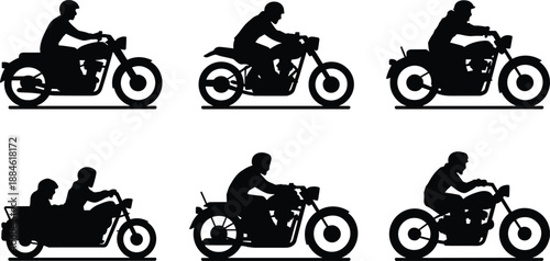 Motorcycle riders silhouettes set, bikers riding classic and modern motorbikes side view for transport, racing, freedom and biker lifestyle vector design