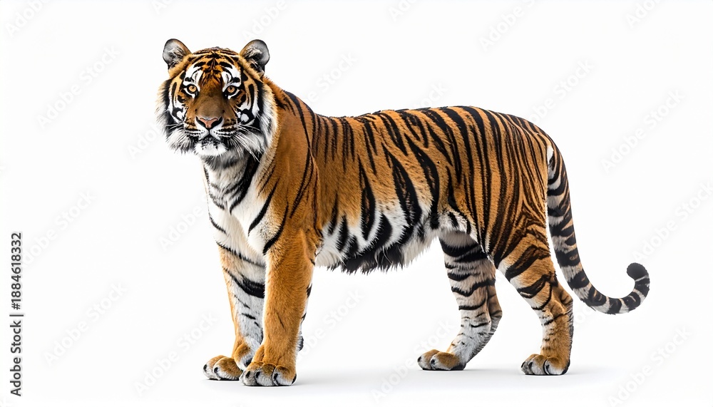 Obraz premium Full body portrait of a majestic adult tiger standing and looking at the camera. Realistic wild predator big cat with orange and black stripes isolated on a clean white background studio shot.