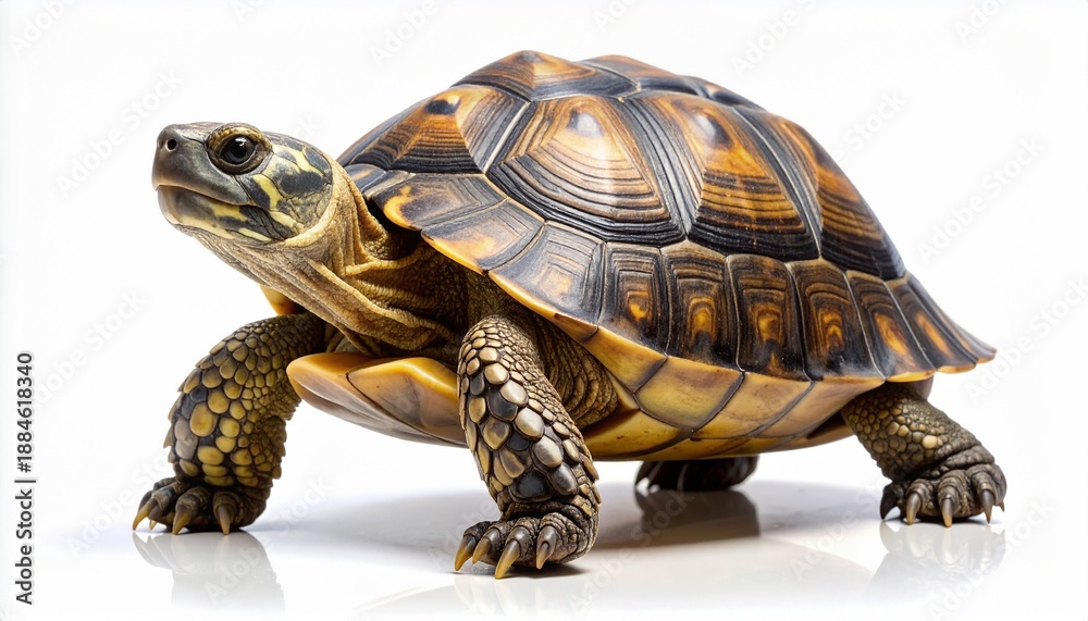 Obraz premium Detailed full-body portrait of a land tortoise with a patterned brown and yellow shell, walking slowly. Macro shot showing scaly skin and sharp claws, isolated on a clean white background.